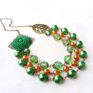 Colier cu 3 siruri Colier cu margele si floare colier statement verde portocaliu colier multisir colier ocazie nunta - Artynos.ro