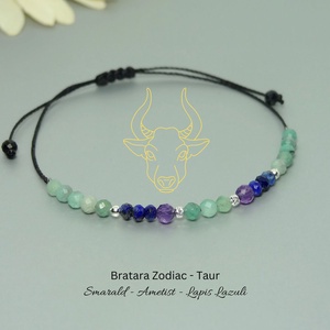 Bratara zodia Taur din smarald, ametist si lapis lazuli - Artynos.ro