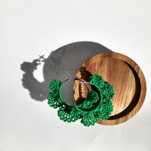 Cercei Dantelă 40 mm, verde pădure , Bijuterii, Cercei, Cercei cerc, Croșetat, ARTYNOS