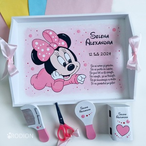 Set prima aniversare fetita Minnie tava mot personalizata pictata manual - Artynos.ro