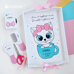 Set prima aniversare fetita pisicuta tava mot personalizata pictata manual - Artynos.ro